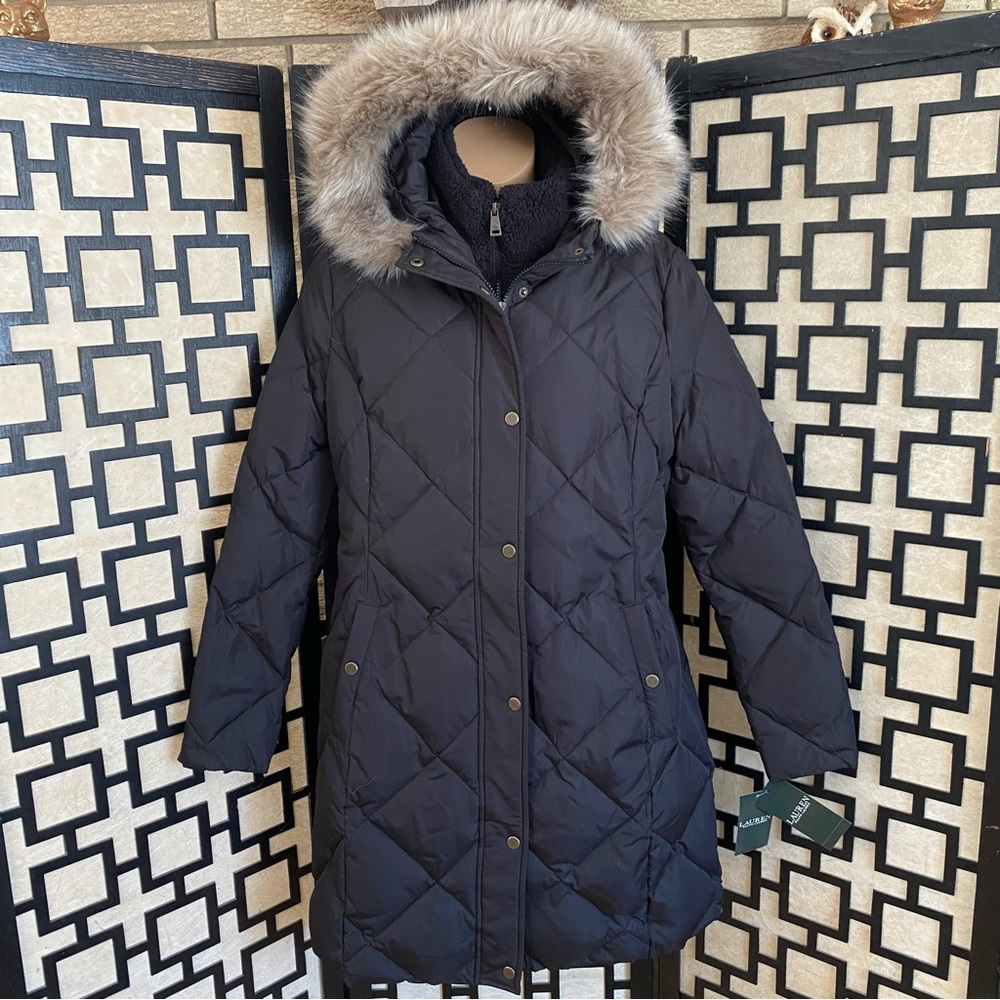 NWT Ralph Lauren Down Black Puffer Jacket Faux Fur Hood 3/4 Length Cold weather